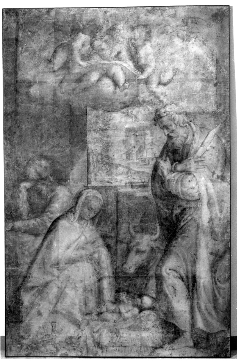 natività di Gesù, San Bartolomeo e angeli (disegno, opera isolata) di Campi Bernardino (terzo quarto sec. XVI)