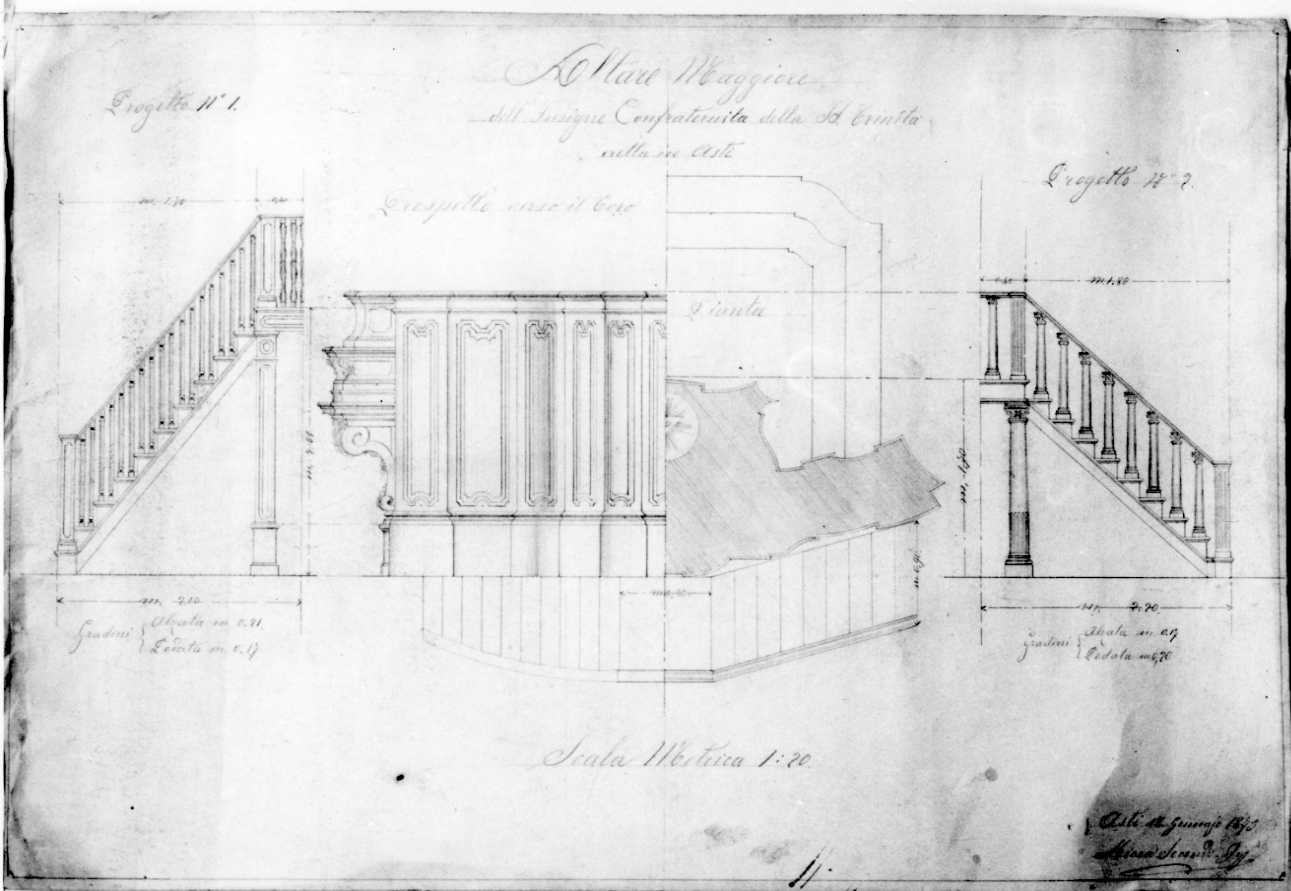 prospetto retro altare maggiore e scala della Confraternita di Santissima Trinità e Sant'Evasio (disegno, opera isolata) di Micca Secondo (terzo quarto sec. XIX)