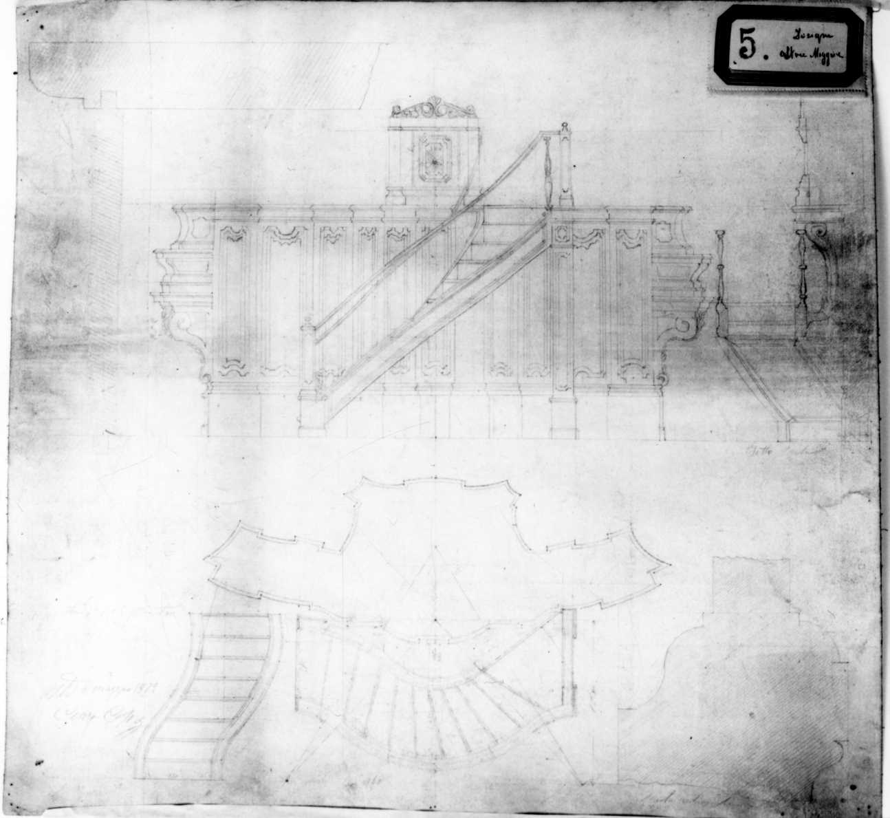progetto scala di accesso all'altare maggiore e prospetto posteriore altare maggiore della Chiesa della Confraternita di SS. Trinità e Sant'Evasio (disegno, opera isolata) di Conza C (terzo quarto sec. XIX)