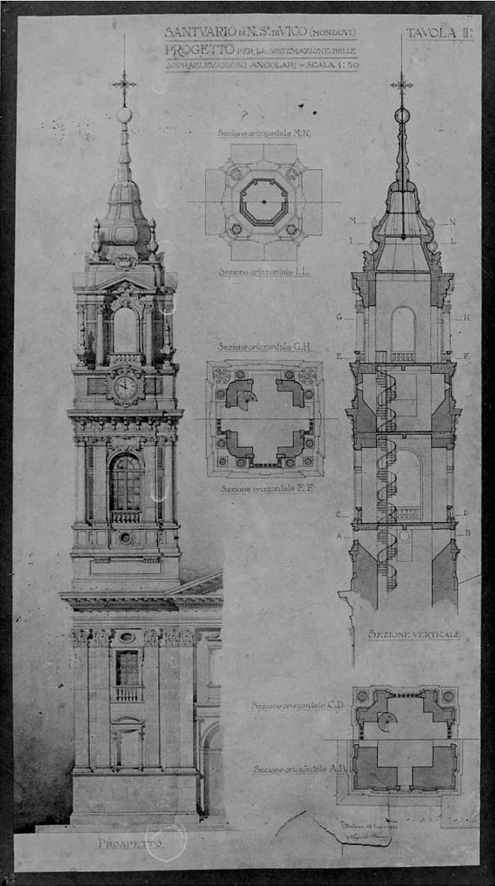 prospetto del campanile sud-ovest del Santuario di Mondovì (disegno, elemento d'insieme) di Ferrari Angelo (primo quarto sec. XX)