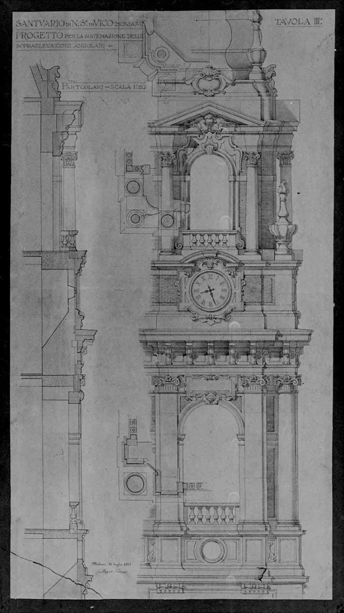 prospetto del campanile sud-ovest del Santuario di Mondovì (disegno, elemento d'insieme) di Ferrari Angelo (primo quarto sec. XX)