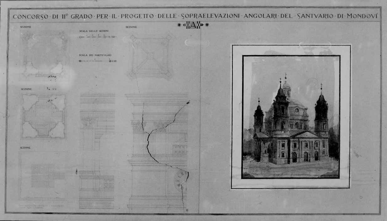 veduta prospettica del Santuario di Mondovì (disegno, elemento d'insieme) di Mollino Eugenio, Salvestrini Giovanni (primo quarto sec. XX)