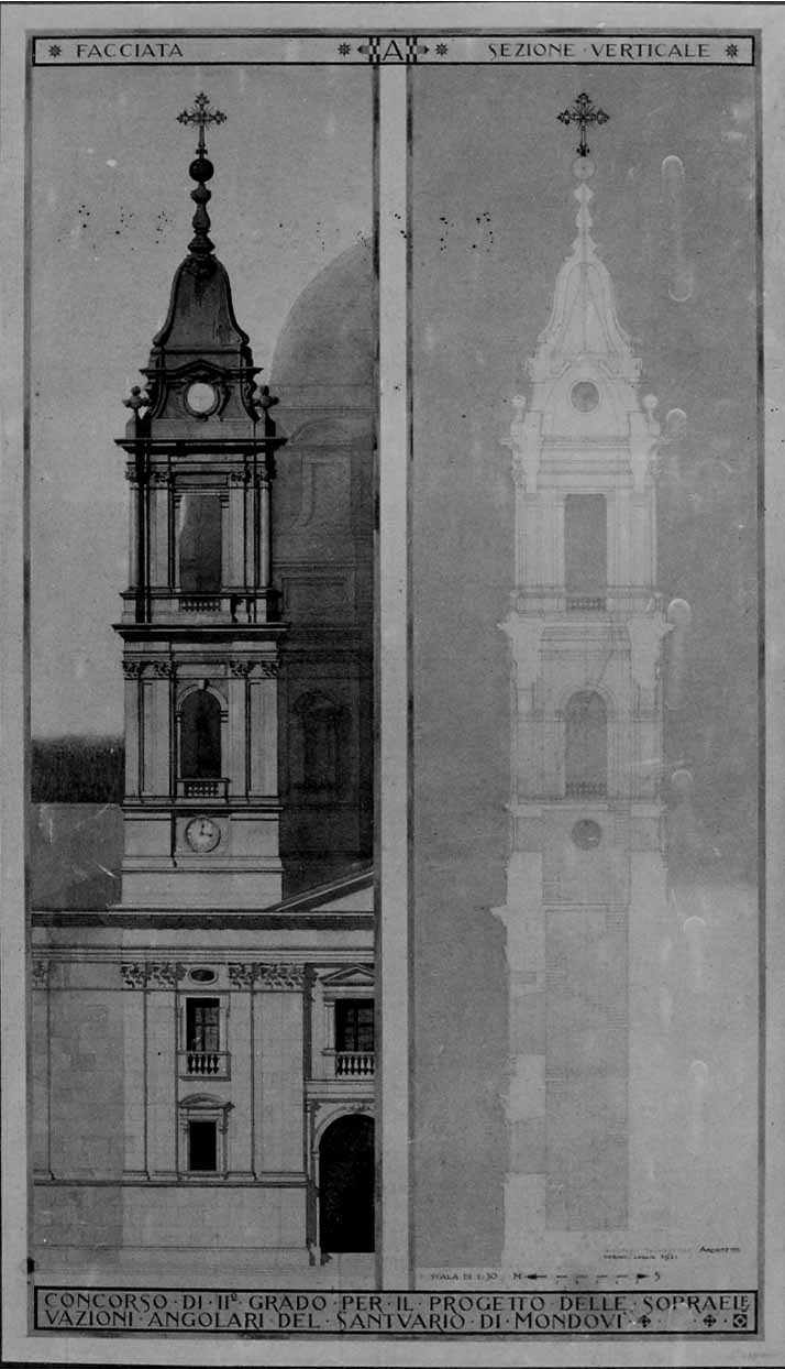 prospetto del campanile sud-ovest del Santuario di Mondovì (disegno, elemento d'insieme) di Mollino Eugenio, Salvestrini Giovanni (primo quarto sec. XX)