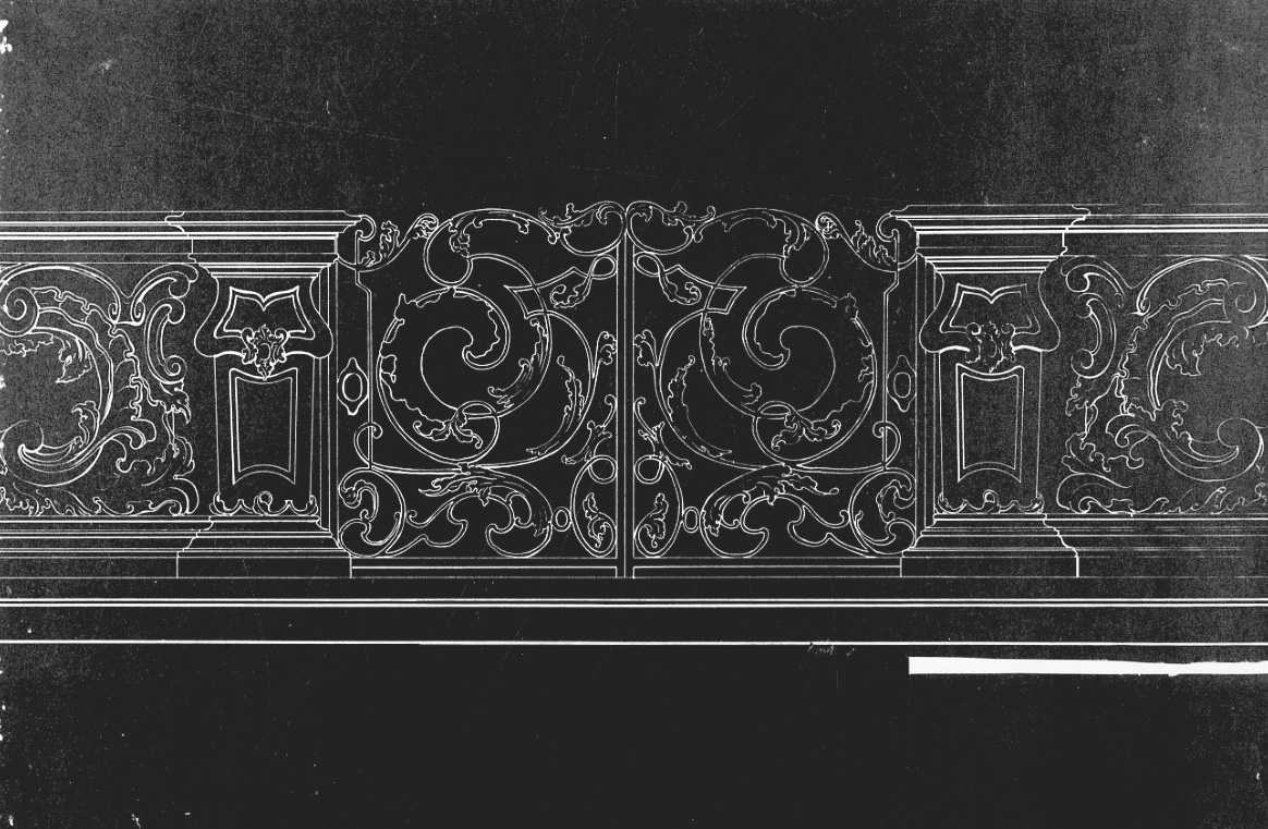 Studio di cancello per l'altare maggiore della parrocchiale di Grignasco, cancello di balaustrata (disegno, opera isolata) di Zorzoli Marcello (inizio sec. XX)
