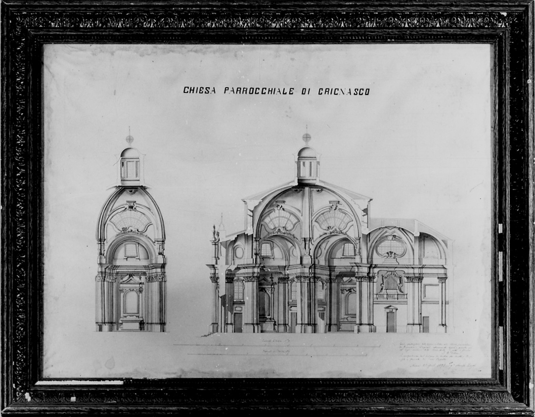 Prospetto e sezione longitudinale di una cappella della chiesa parrocchiale dell'Assunta di Grignasco, prospetto e sezione di cappella (disegno, opera isolata) di Zorzoli Marcello (fine sec. XIX)