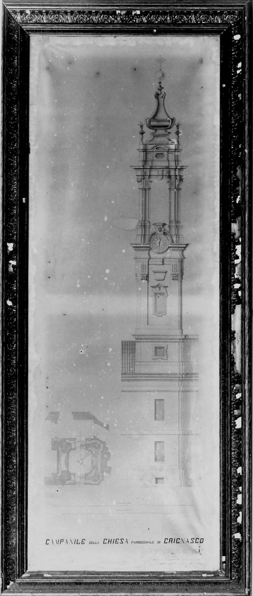 Prospetto e pianta del campanile della chiesa parrocchiale di Grignasco, prospetto e pianta di campanile (disegno, opera isolata) di Zorzoli Marcello (fine sec. XIX)