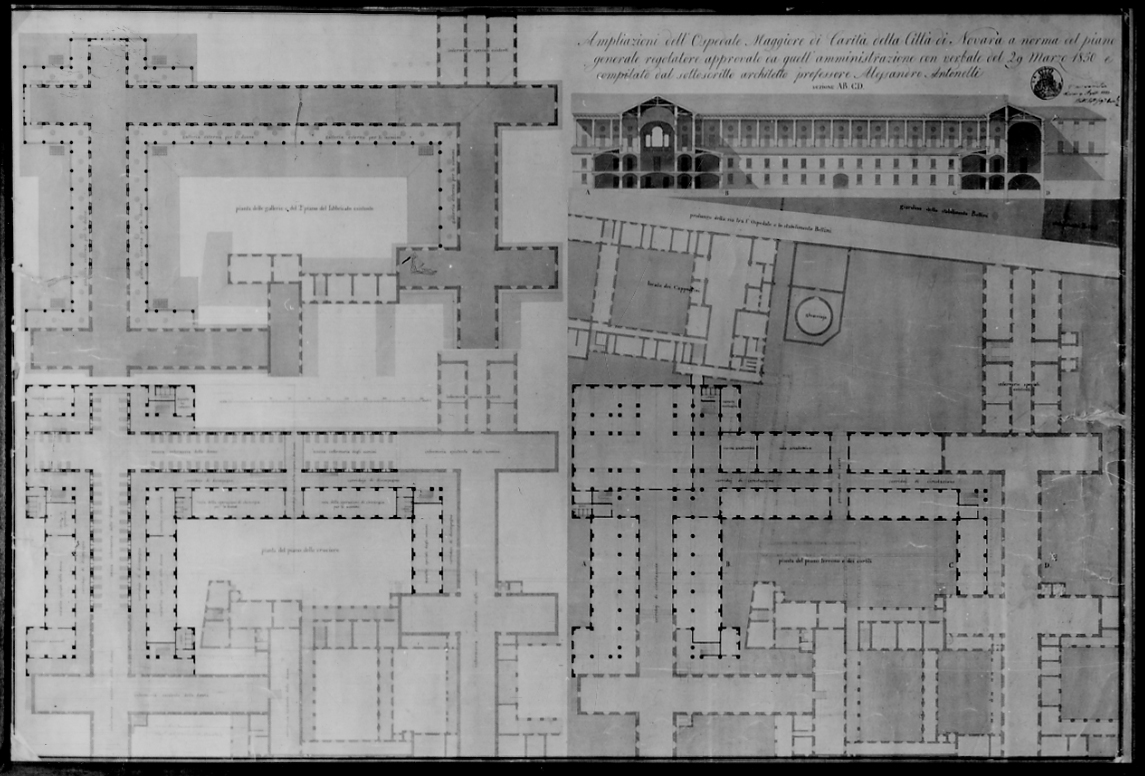 progetto di ampliamento delle strutture ospedaliere (disegno) di Antonelli Alessandro (seconda metà sec. XIX)