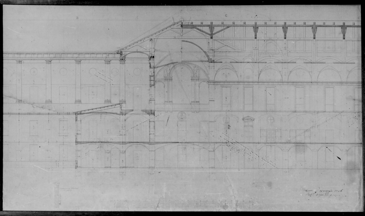 progetto di ampliamento delle strutture ospedaliere (disegno) di Antonelli Alessandro (seconda metà sec. XIX)