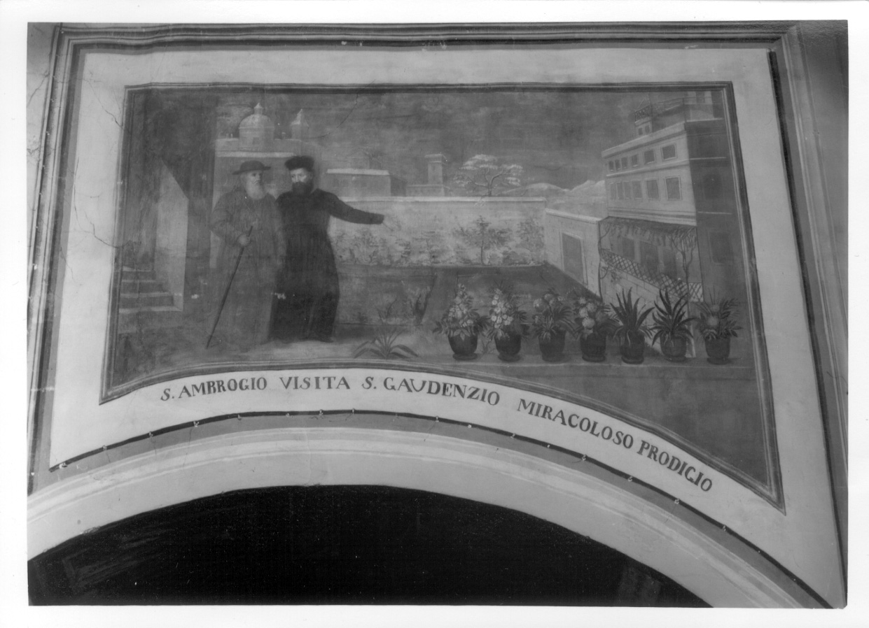 incontro di San Gaudenzio e Sant'Ambrogio (dipinto, opera isolata) di Raineri Paolo (metà sec. XIX)
