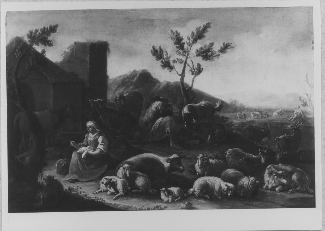 Paesaggio con pastori e armenti in riposo (dipinto) di Tassone Giuseppe (attribuito) (prima metà sec. XVIII)
