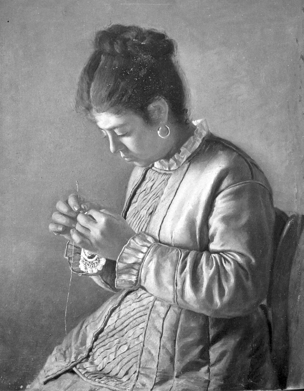 Donna che lavora l'uncinetto, scena familiare (dipinto, opera isolata) di Cordaro Gregorio (sec. XIX)