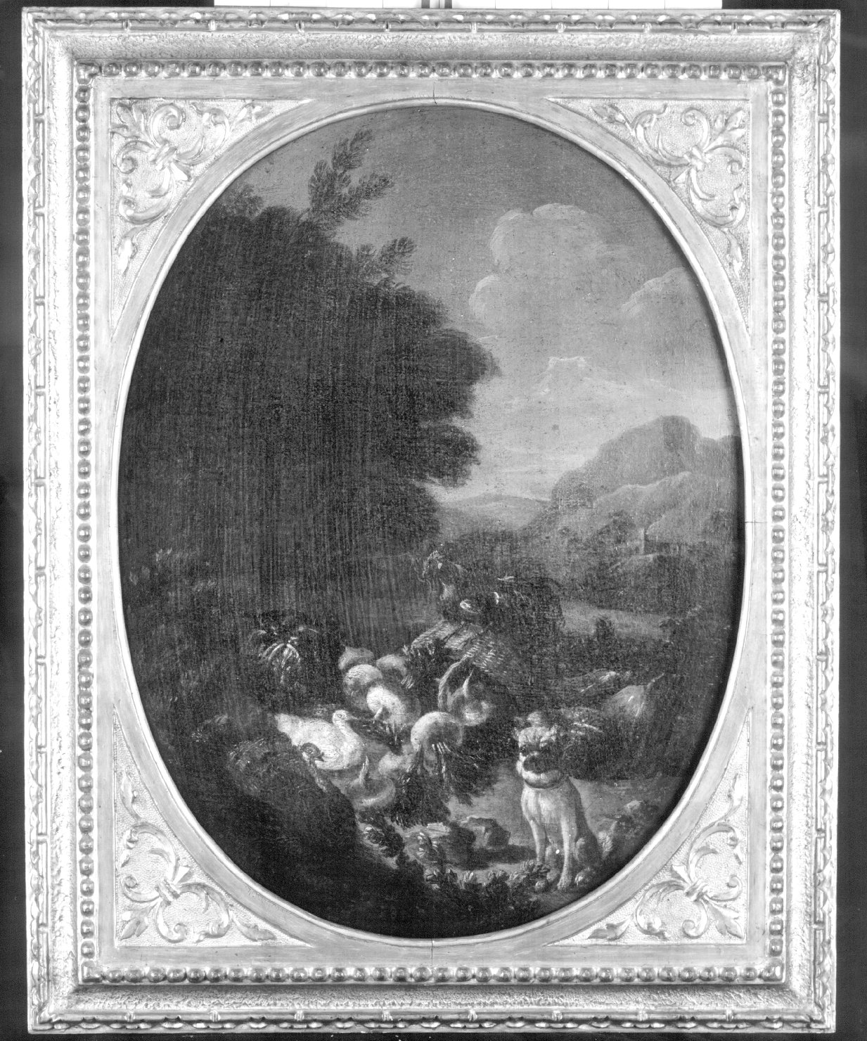 natura morta in un paesaggio con cagnolino (dipinto) - ambito emiliano-romagnolo (prima metà sec. XVIII)