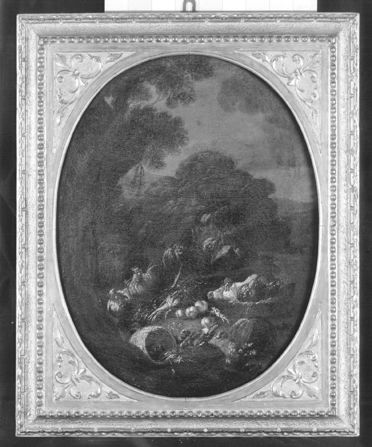 natura morta in un paesaggio con cesto di galline (dipinto) - ambito emiliano-romagnolo (prima metà sec. XVIII)