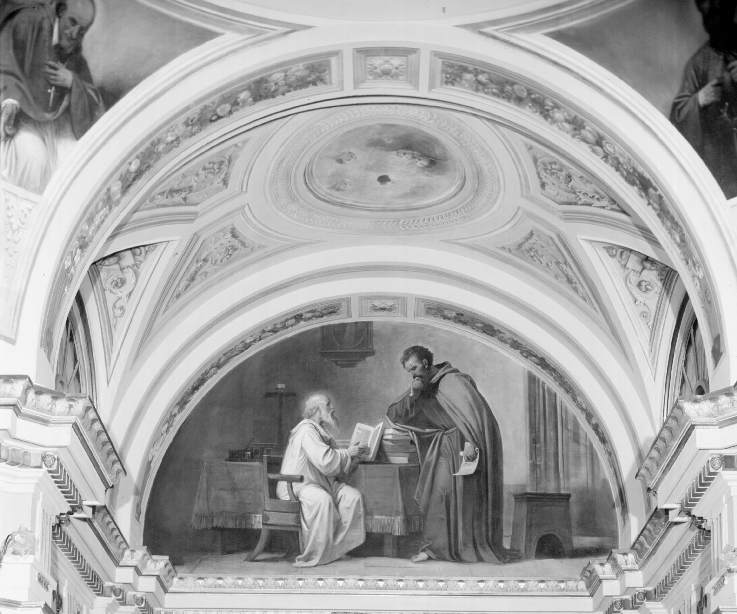 simboli di Dio che vede, ascolta e ama; monogramma mariano e tre angeli; conversione di Sant'Agostino nel giardino di Alipio a Milano; San Simpliciano che svolge la sua missione di catechesi nei confronti di Sant'Agostino; prudenza, Fortezza (1) (dipinto) di Samoggia Luigi, Guardassoni Alessandro (sec. XIX)