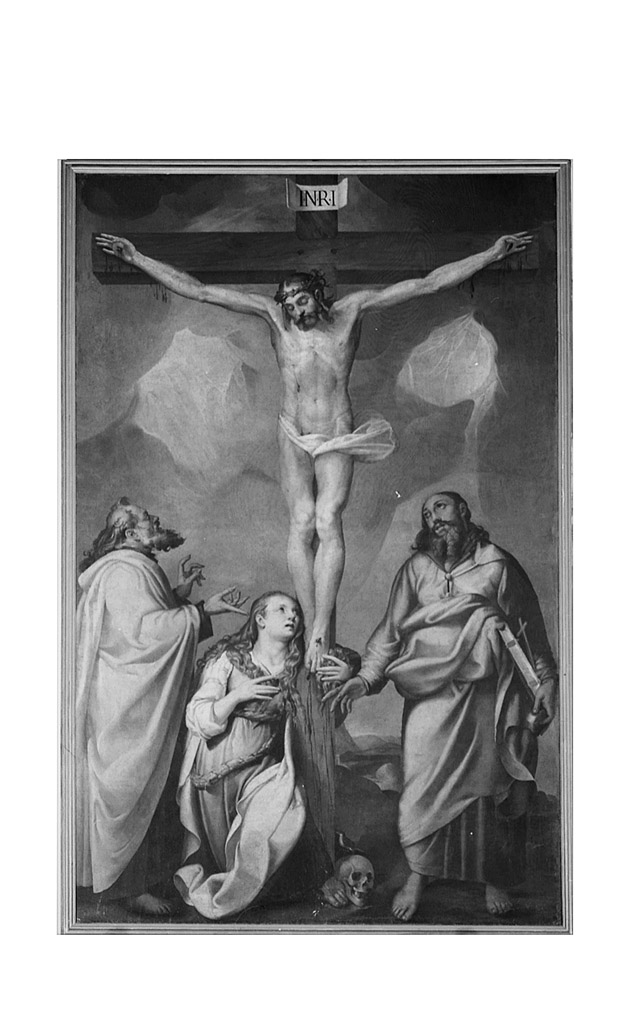 Cristo crocifisso con S. Filippo, S. Giacomo e S. Maria Maddalena (dipinto) di Passarotti Bartolomeo (sec. XVI)