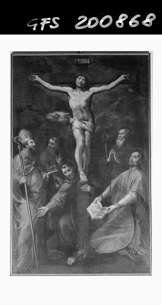 Cristo crocifisso con San Francesco d'Assisi, Sant'Ignazio di Lojola, San Francesco da Paola, Sant'Agostino ed altro santo (dipinto) di Spisanelli Vincenzo (sec. XVII)