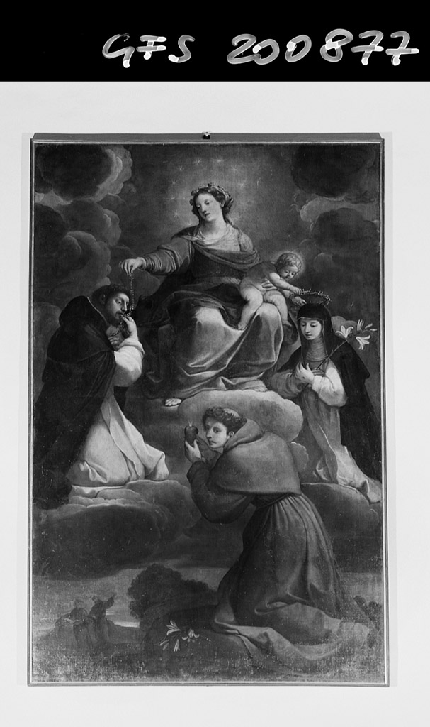 Madonna con Bambino, Sant'Antonio da Padova, San Domenico e Santa Caterina da Siena (dipinto) di Tiarini Alessandro (metà sec. XVII)