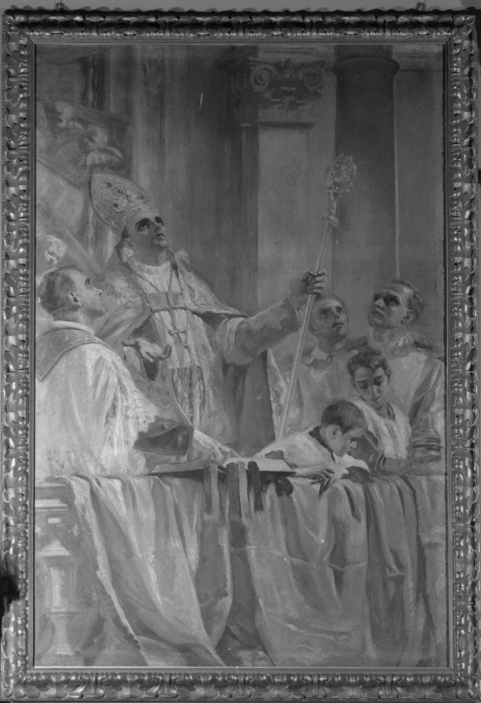 La preghiera dei fedeli: il clero, monsignor Giovanni Landi celebra la messa (dipinto) di Montevecchi Amleto (sec. XX)
