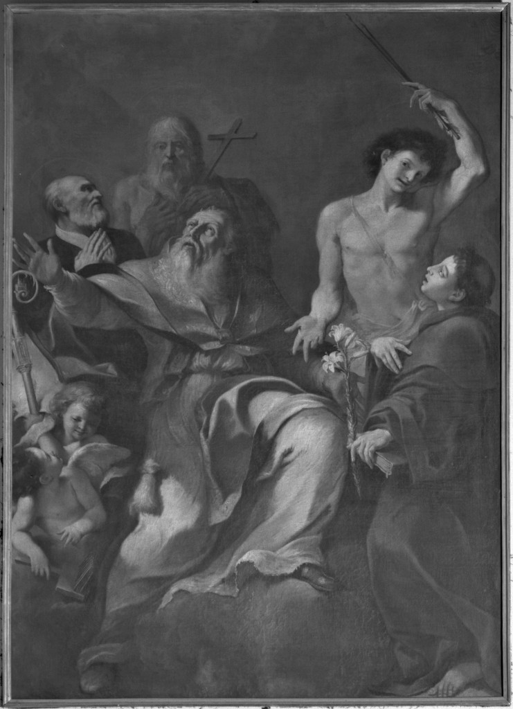 San Biagio in gloria con San Filippo Neri, Sant'Onofrio, San Sebastiano e Sant'Antonio da Padova (dipinto) - ambito bolognese (secondo quarto sec. XVII)