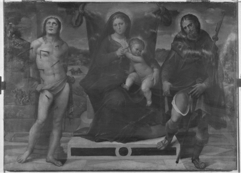 Madonna con Bambino tra San Sebastiano e San Rocco (dipinto) di Ramenghi Bartolomeo detto Bagnacavallo (sec. XVI)