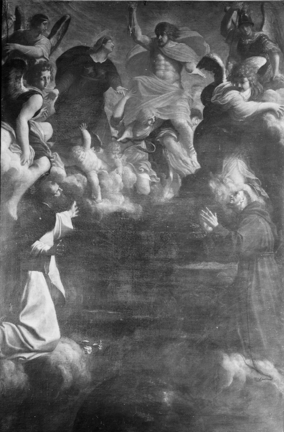 Madonna e Gesù Cristo con San Michele arcangelo, San Domenico e San Francesco d'Assisi (dipinto) di Spada Lionello (sec. XVII)