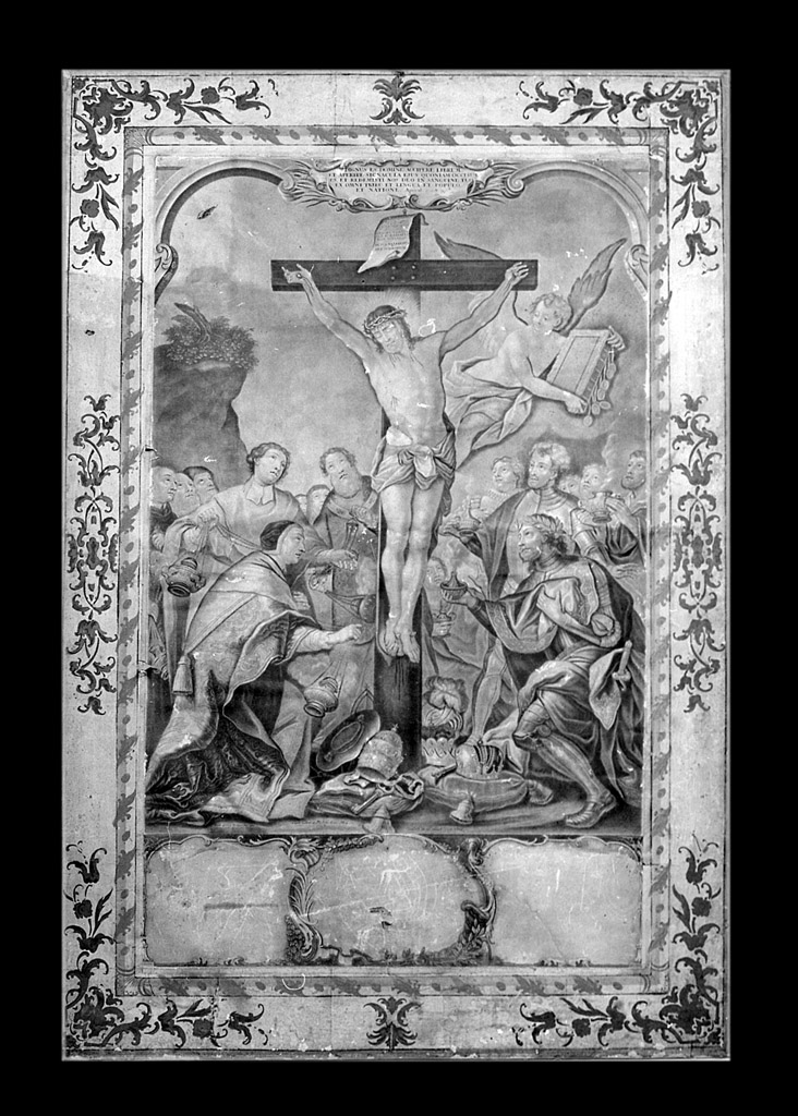 Cristo crocifisso e santi (immagine devozionale) di Bergmuller Johann Georg (sec. XIX)
