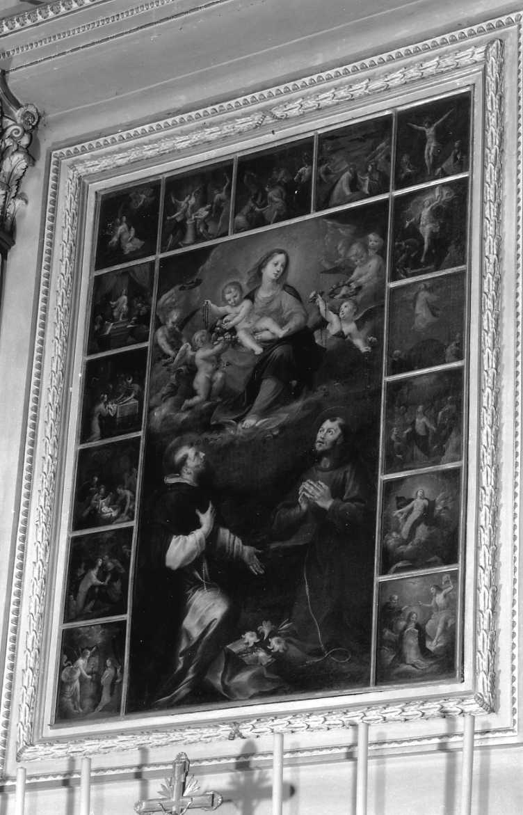 Madonna del Rosario con S. Domenico, S. Francesco e i quindici Misteri del Rosario (dipinto) di Spisanelli Vincenzo (metà sec. XVII)