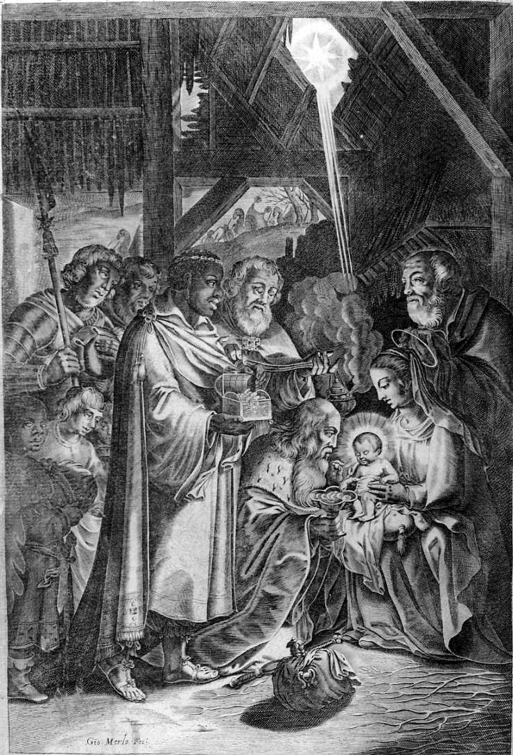 adorazione dei Re Magi (incisione) di Merlo Giovanni (fine sec. XVII)