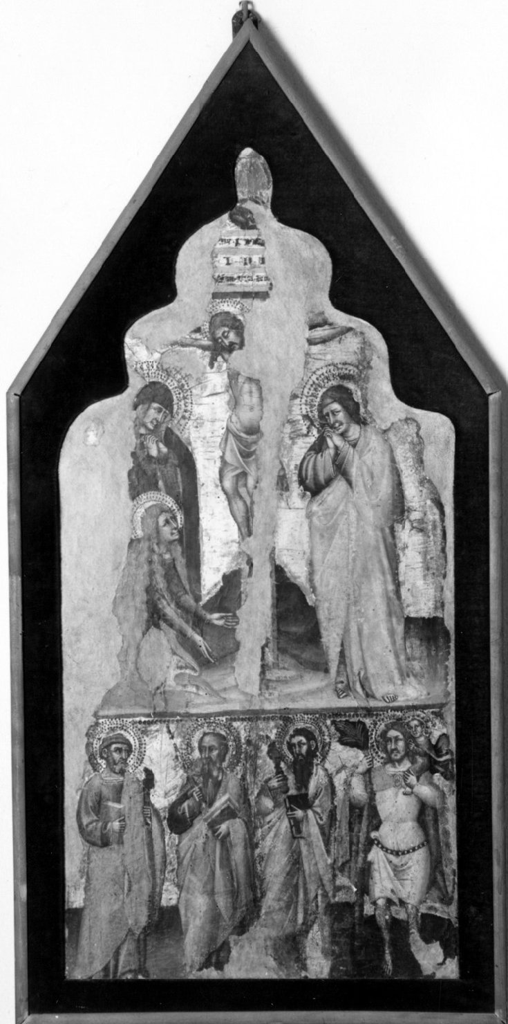 Cristo in croce tra La Madonna, San Giovanni evangelista, Santa Maria Maddalena, San Pietro, San Paolo, San Bartolomeo, San Cristoforo (dipinto) di Benvenuti Simone di Filippo detto Simone dei Crocifissi (attribuito) (sec. XIV)