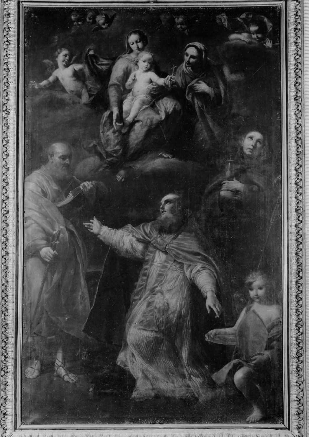 Madonna con Bambino adorata da Sant'Anna, San Giustino, San Liborio e San Pasquale (pala d'altare) di Crespi Giuseppe Maria detto Spagnolo, Crespi Luigi (sec. XVIII)