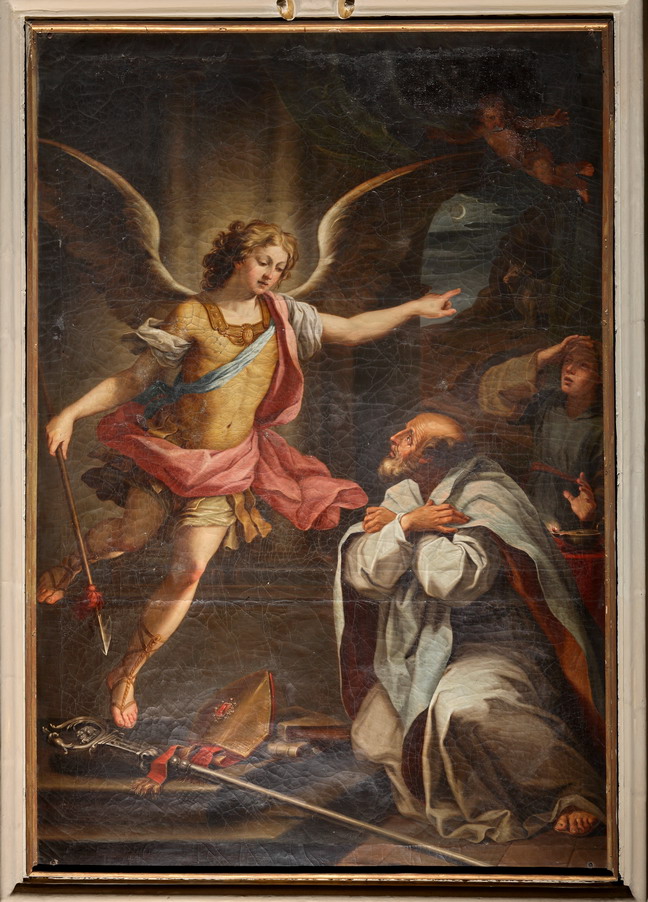 apparizione di San Michele Arcangelo ad un Santo Vescovo (dipinto) di Mignani Grilli Anna (fine sec. XVIII)
