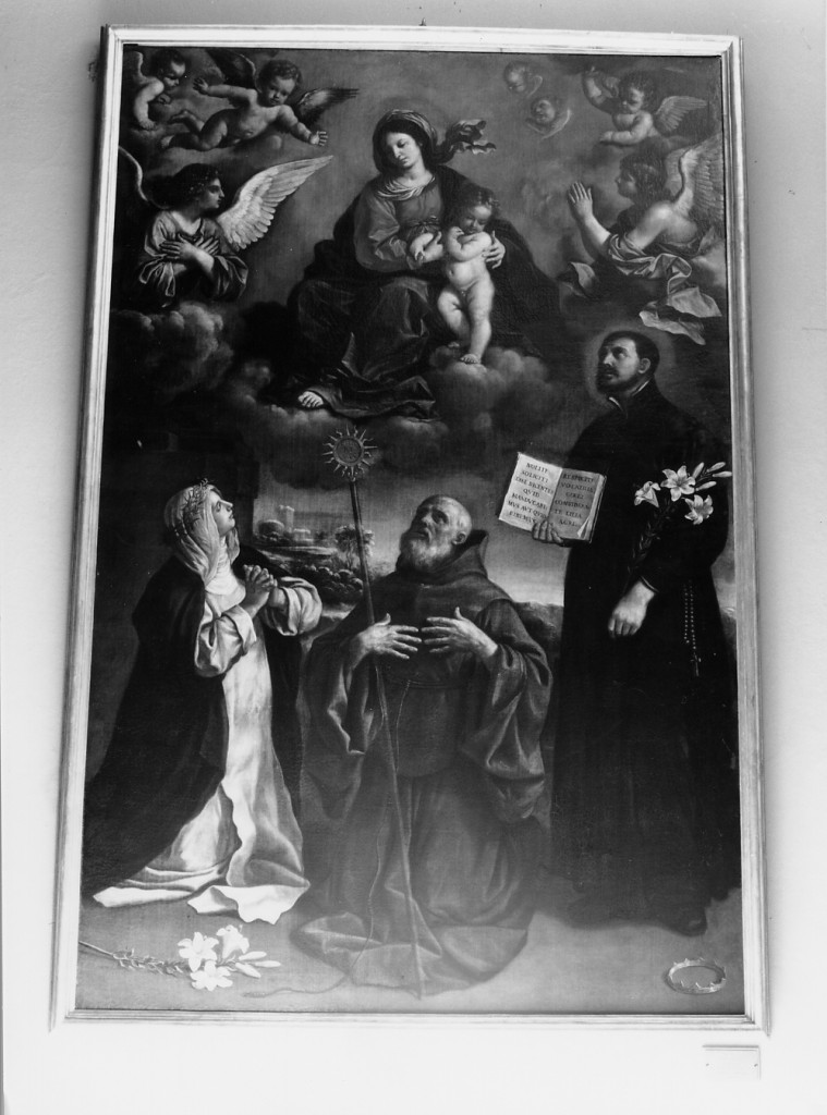 Madonna con Bambino, Santa Caterina da Siena, San Francesco da Paola e San Gaetano Thiene (dipinto) di Gennari Benedetto il Giovane (metà sec. XVII)