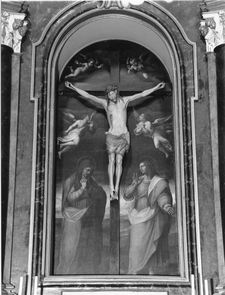 Madonna addolorata, San Giovanni Evangelista e angeli (dipinto) - ambito emiliano (ultimo quarto sec. XVI)