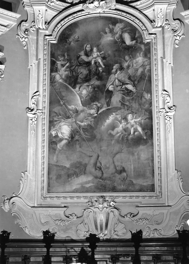 Madonna con Bambino in gloria con San Biagio e l'Arcangelo Michele che uccide il demonio (dipinto) di Rossi Antonio (sec. XVIII)