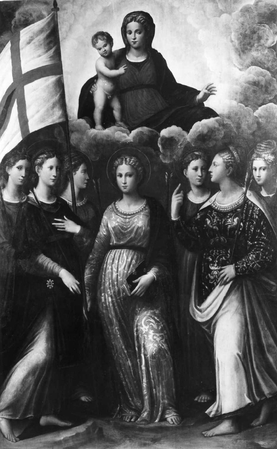 Madonna in gloria su nubi con Bambino adorata da sant'Orsola e le undicimila vergini (pala d'altare) di Pupini Biagio detto Biagio dalla Lame (sec. XVI)