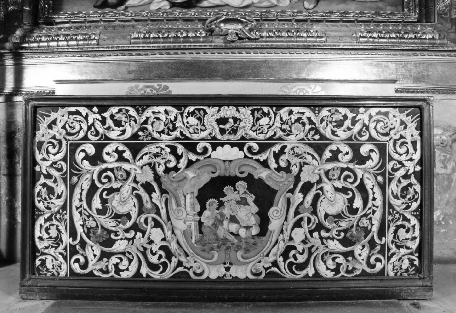 Motivi decorativi vegetali con uccelli; Santa Caterina d'Alessandria (paliotto) di Brini Carlo Antonio (sec. XVII)
