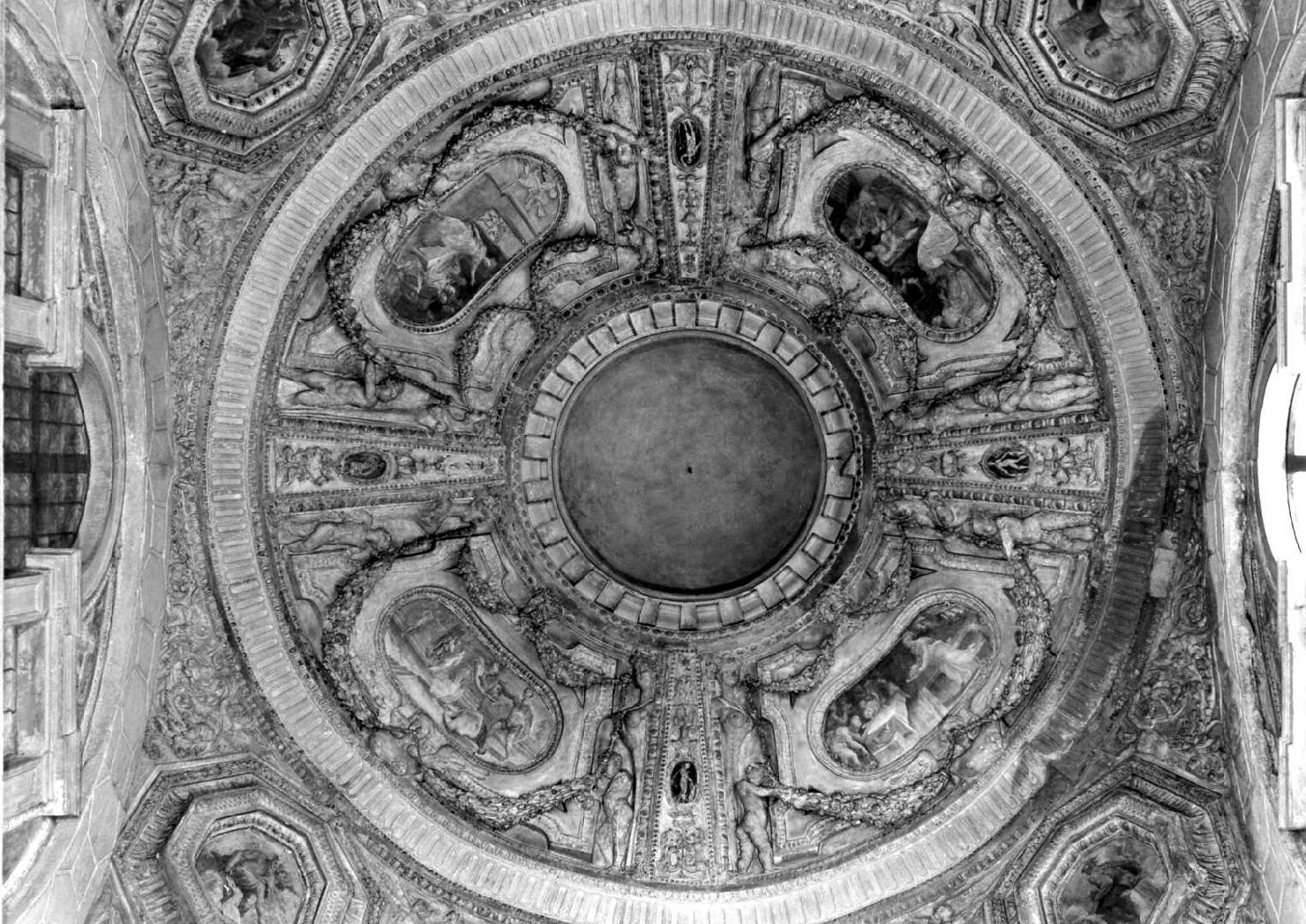 Storie del Battista, Quattro evangelisti, festoni, putti alati (decorazione plastico-pittorica) di Tibaldi Pellegrino, Fontana Prospero (sec. XVI)