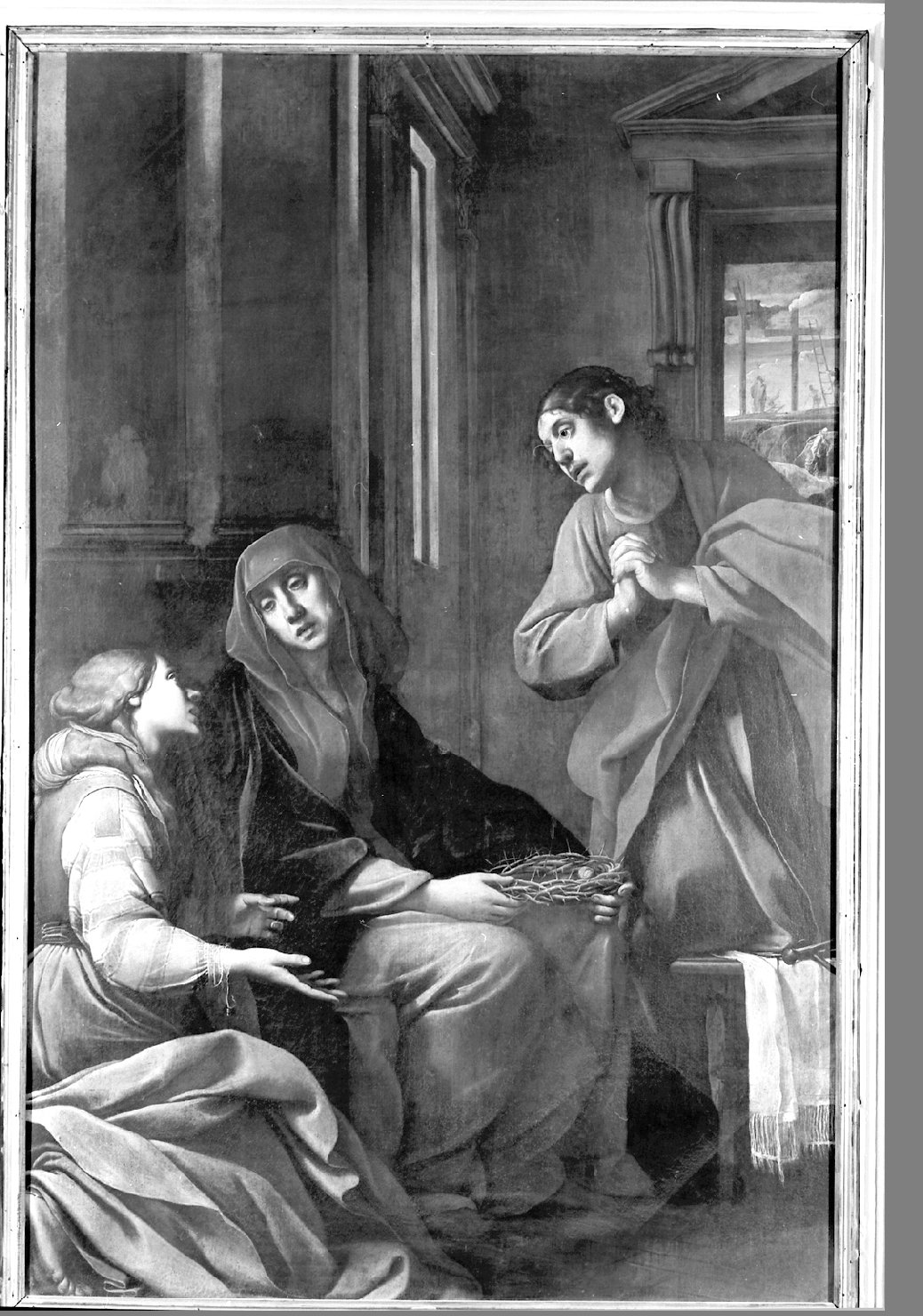 Madonna con la corona di spine, santa Maria Maddalena e san Giovanni evangelista (pala d'altare) di Tiarini Alessandro (sec. XVII)