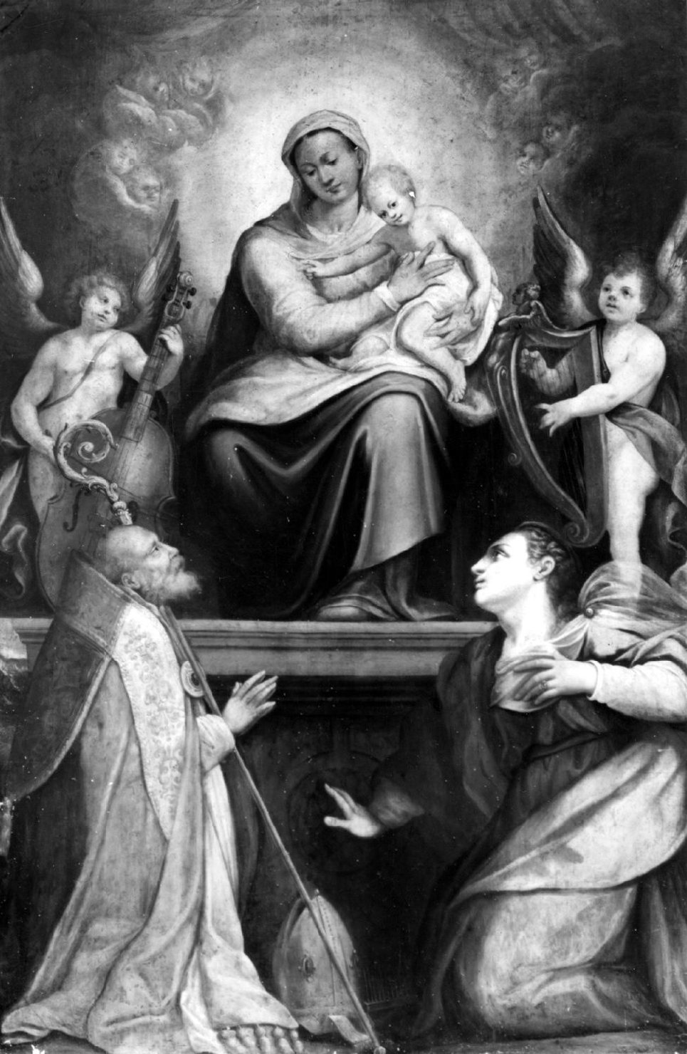 Madonna con Bambino con San Biagio e Santa Caterina d'Alessandria (dipinto) di Sabatini Lorenzo detto Lorenzino da Bologna (metà sec. XVI)