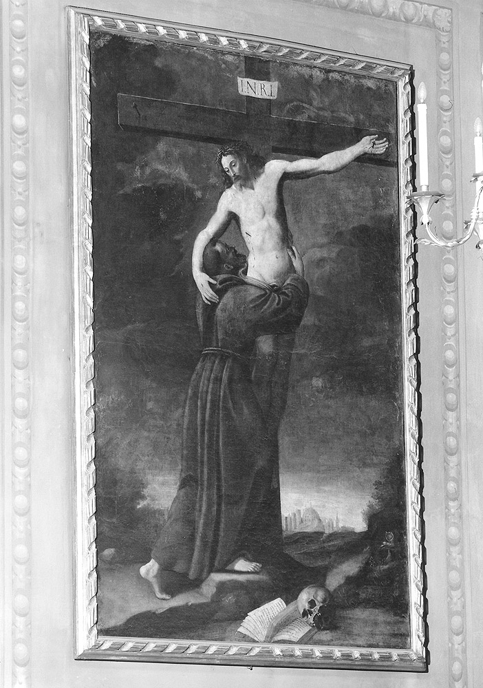 Gesù crocifisso abbraccia San Francesco d'Assisi (dipinto) - ambito bolognese (sec. XVII)