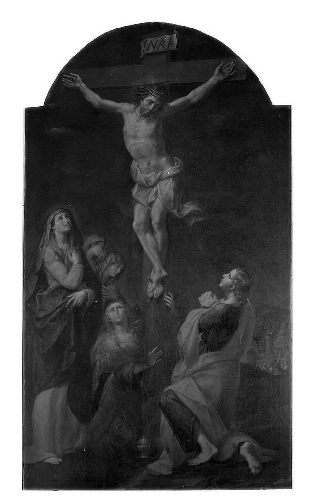 Cristo crocifisso con la Madonna, Santa Maria Maddalena e San Giovanni Evangelista (pala d'altare) di Marchesi Giuseppe detto Sansone (sec. XVIII)