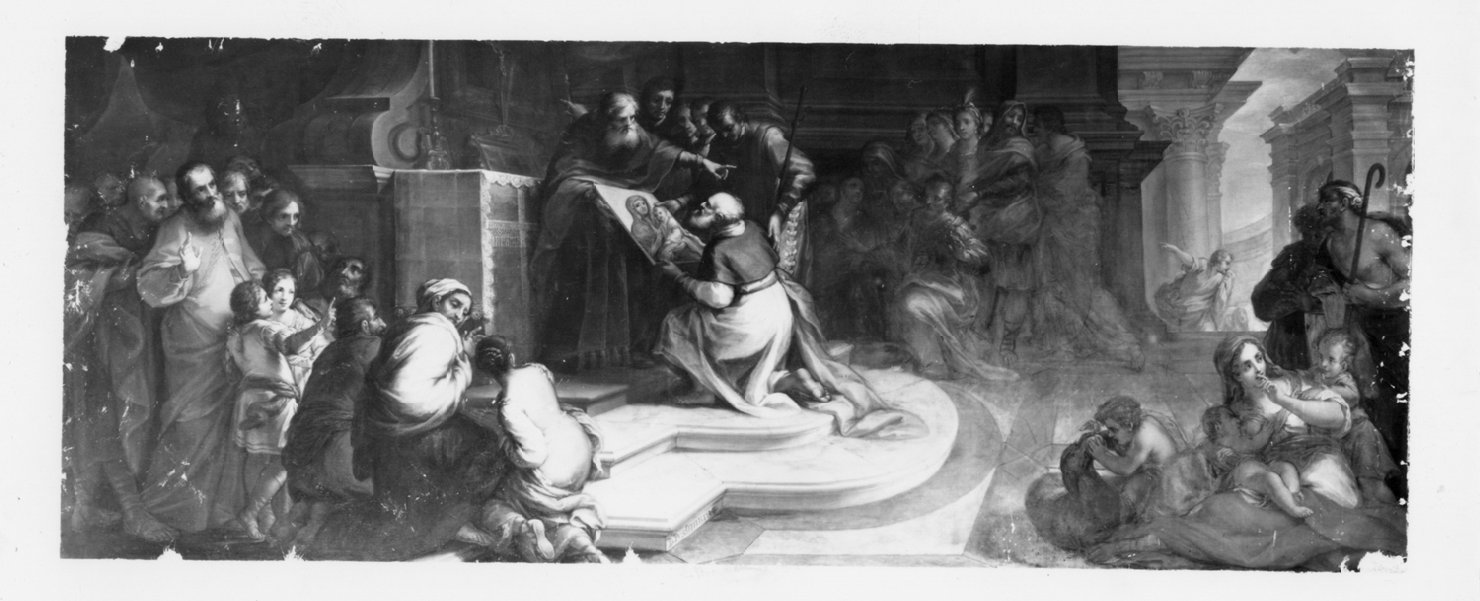 il pellegrino Teocle consegna l'immagine della Beata Vergine al Vescovo di Bologna (dipinto) di Piastrini Giovanni Domenico (sec. XVIII)