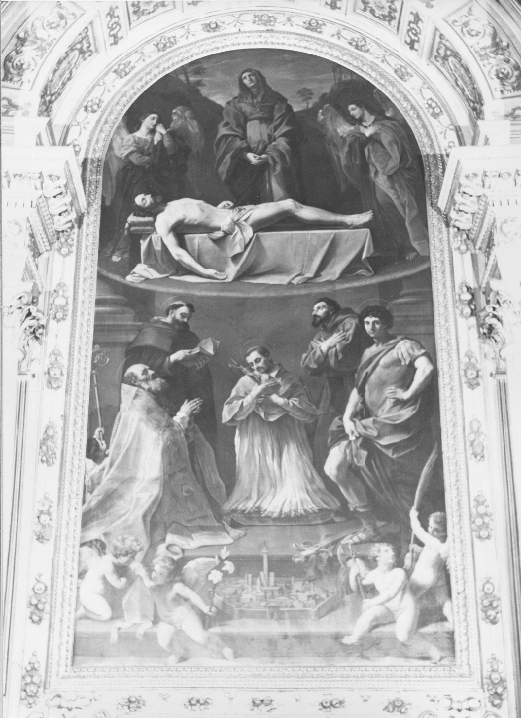 la Pietà con San Domenico, San Petronio, san Carlo Borromeo, San Francesco e San Procolo (dipinto) di Alberi Clemente (sec. XIX)