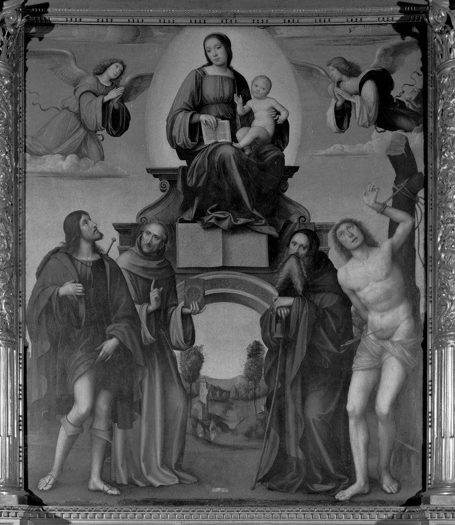 Madonna con Bambino, San Rocco, San Sebastiano, Sant'Antonio abate, San Bernardino da Siena (pala d'altare) di Raibolini Francesco detto Francesco Francia (sec. XVI)