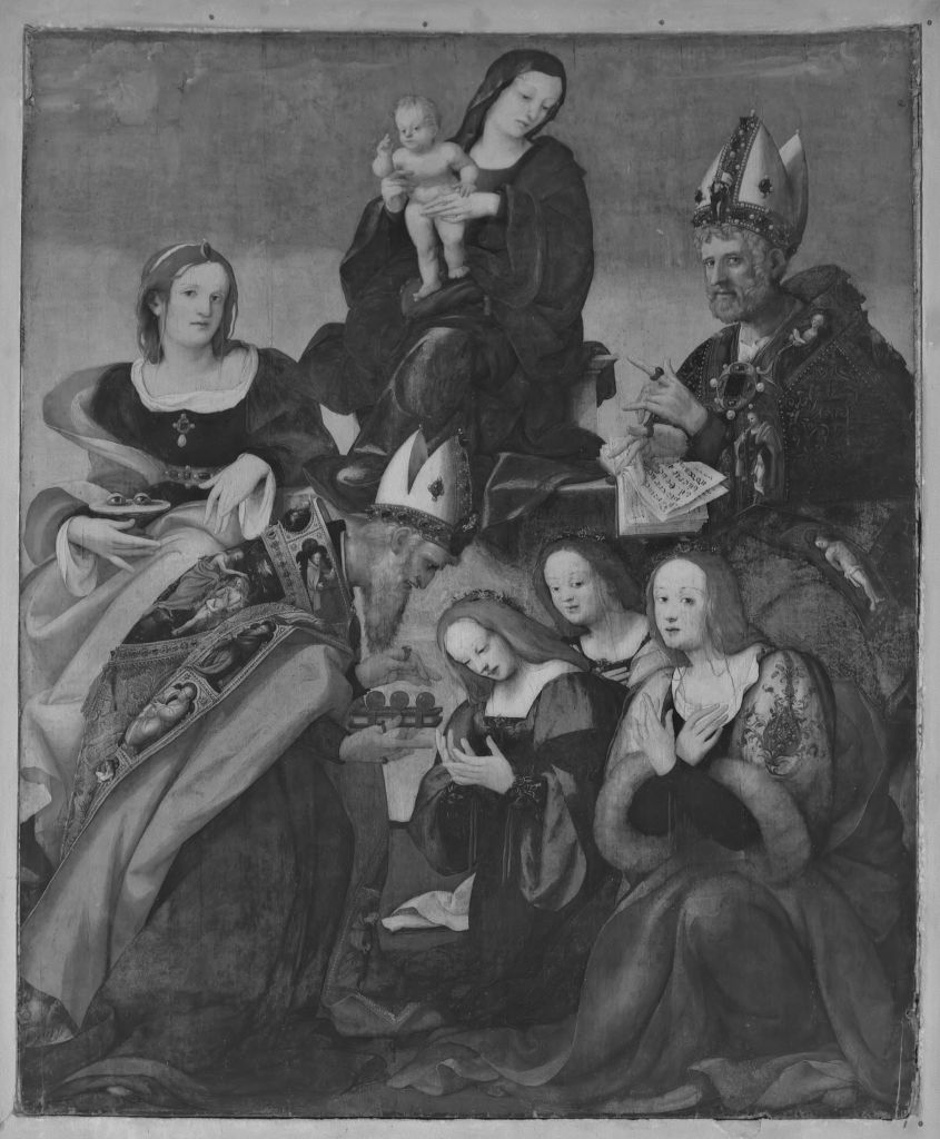 Madonna con Bambino, San Nicola da Bari, Santa Lucia, Sant'Agostino vescovo e le tre fanciulle nubendi (pala d'altare) di Aspertini Amico (sec. XVI)