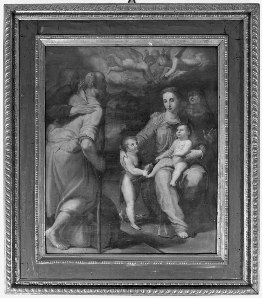 Madonna con Bambino e San Giovannino, Sant' Anna, San Gioacchino, San Giuseppe (dipinto) di Sellari Girolamo detto Girolamo da Carpi (attribuito) (sec. XVI)