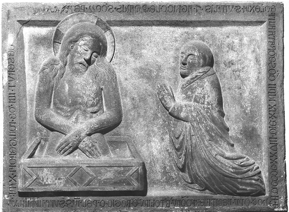 il cappellano Bartolino da Reggio in adorazione del Cristo in pietà (rilievo) - ambito emiliano (sec. XIV)