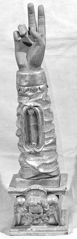 reliquiario antropomorfo - a braccio - produzione emiliana (fine/inizio secc. XVII/ XVIII)