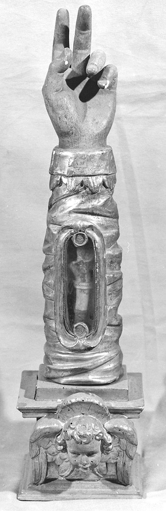 reliquiario antropomorfo - a braccio - produzione emiliana (fine/inizio secc. XVII/ XVIII)