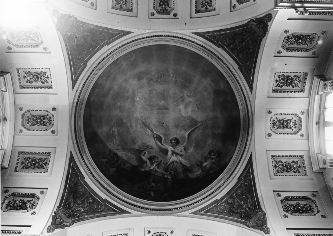 angeli in gloria con simoli del martirio (decorazione pittorica) di Samoggia Luigi, Guardassoni Alessandro (sec. XIX)